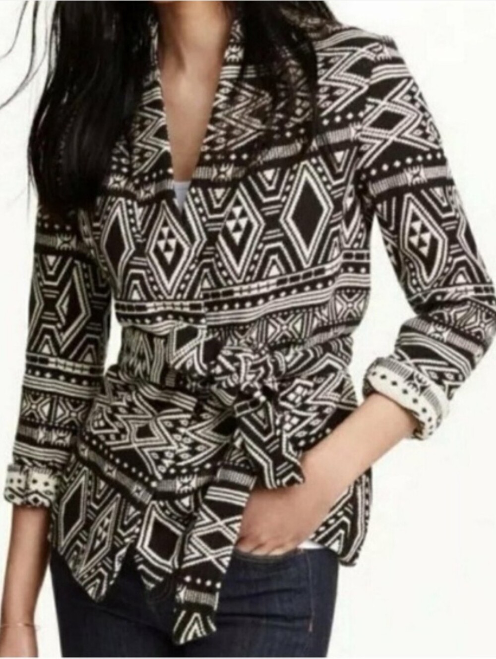 H&M Black & White Southwest Cotton Open Blazer W/Belt